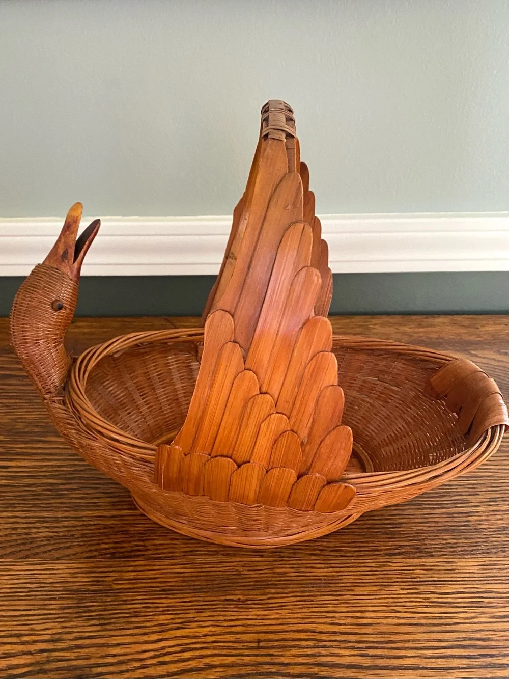 Vintage Woven Wicker Rattan Duck Basket Angled Neck Wood Beak Eyes